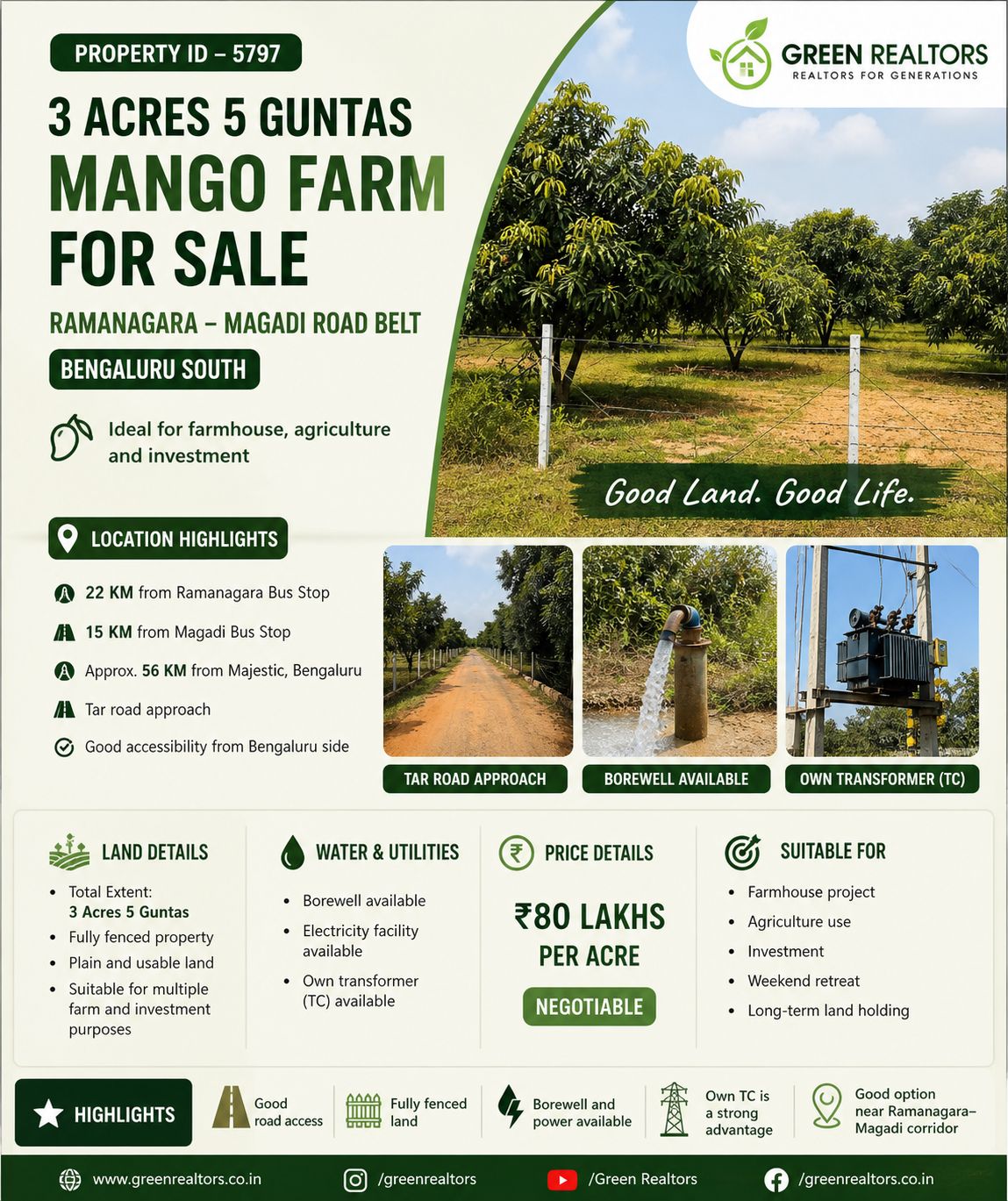 🆔 *PROPERTY ID – 5797* 🌿 *3 Acres 5 Guntas Mango farm for Sale – Ramanagara –Magadi Road Belt*